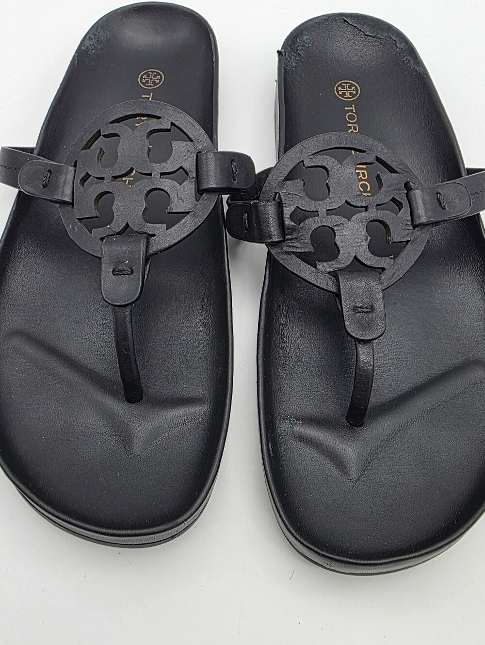 Tory Burch Black Leather Logo Thong Sandals Miller Cloud Sz 8.5 - Picture 3 of 6